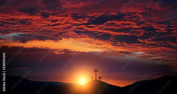 Resurrection of Jesus Christ concept: God Lamb in front of the three cross of Jesus Christ on sunrise background