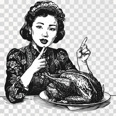 Retro asian woman presenting roasted turkey to the side, one