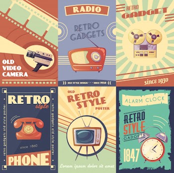 Retro gadgets cartoon posters with camera radio musical player phone tv alarm clock Free Vector