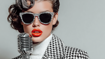 Retro Glamour: Woman with Sunglasses and Microphone