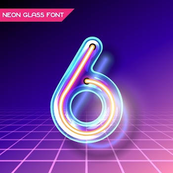 Retro neon glowing glass alphabet font with transparency and shadows. 3D light bulb isolated number 6 on dark backgrounds