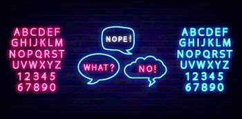 Retro speech bubbles neon sign collection. Nope, no and what shiny text. Blue and pink alphabet. Vector illustration