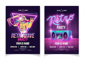Retrowave music party in nightclub cartoon  ad poster, flyer or poster template in neon colors Free Vector