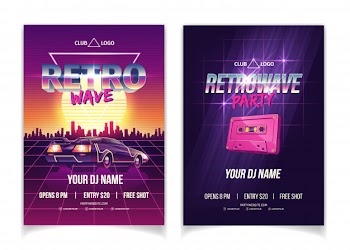 Retrowave party, electronic music of 80s, dj performance in nightclub cartoon  ad poster, promo flyer and poster Free Vector