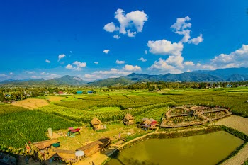 Rice Field With Mountain and Houses during Cloudy Day