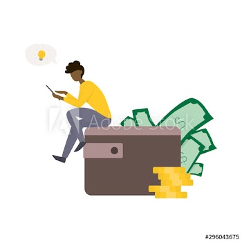 Rich man sitting on the big wallet full of money