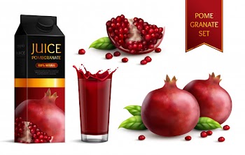 Ripe dark red pomegranates whole segments scattered seeds juice package and glass realistic images set Free Vector