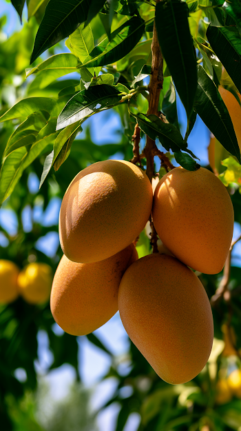 Ripe Mangoes and Citrus in Sunlit Orchard