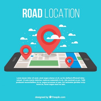 Road map background with a smartphone and three landmarks Free Vector