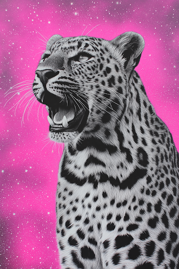 Roaring Leopard Monoprint with Sparkling Pink Background