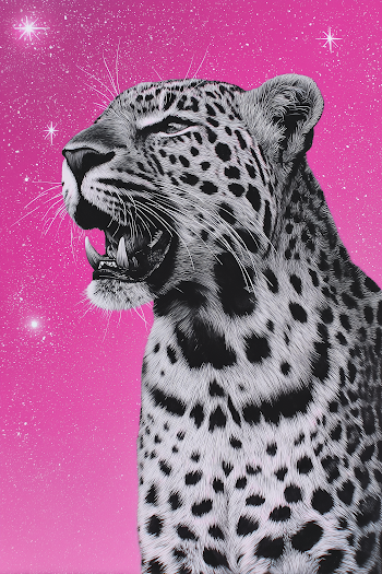 Roaring Leopard Portrait on Pink Sparkle Background