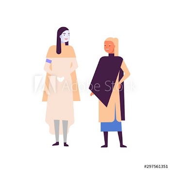Robot and woman standing together flat vector illustration