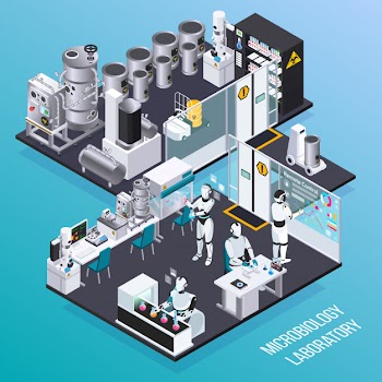 Robot isometric professions concept with microbiology robot employers in laboratory isolated room Free Vector