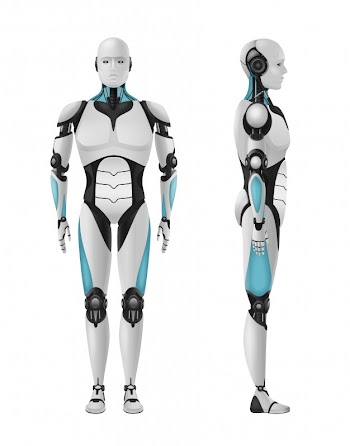 Robot realistic 3d composition with set of front and side views of masculine droid Free Vector