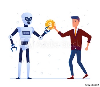 Robot steals money from sad caucasian man