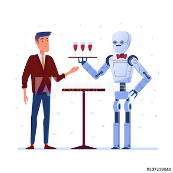 Robot waiter serves wine to a caucasian man