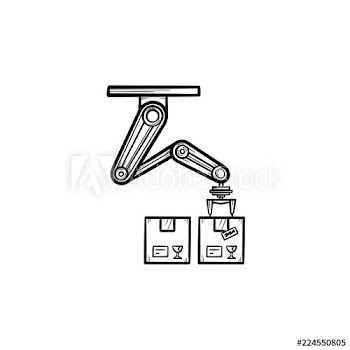 Robotic arm picks a box in manufacturing process hand drawn outline doodle icon