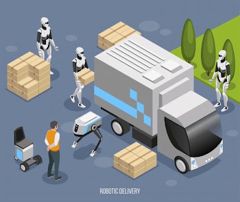 Robotic delivery system isometric composition with cute fully automated humanoids loading and unloading unmanned truck  illustration Free Vector