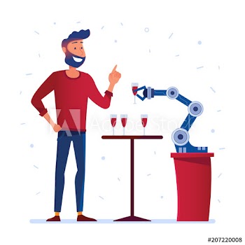 Robotic hand serves wine to a caucasian man