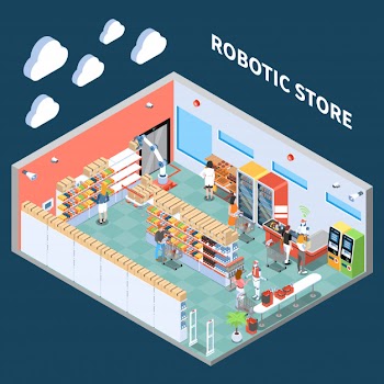 Robotic store isometric composition with interior of supermarket trading hall  equipped with equipment of future Free Vector