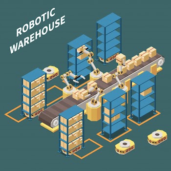 Robotic warehouse isometric composition with robot packaging goods 3d vector illustration Free Vector