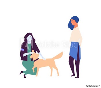 Robotized assistant walking dog flat vector illustration