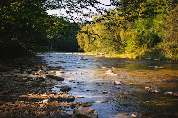 Rocky river at sunset