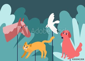 Rod puppets resembling animals in forest