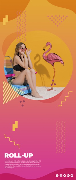 Roll up banner template in memphis style with summer concept Free Psd