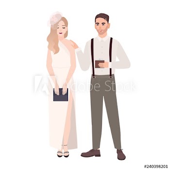 Romantic couple in fashionable evening outfits standing together isolated on white background