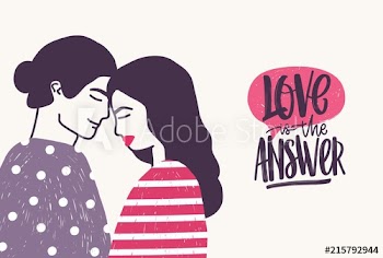 Romantic couple on date and Love Is The Answer phrase written with cursive font