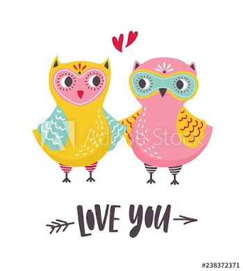 Romantic greeting card or postcard template with pair of cute owls and Love You inscription handwritten with cursive font