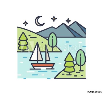 Romantic lake trip on starry night line art illustration
