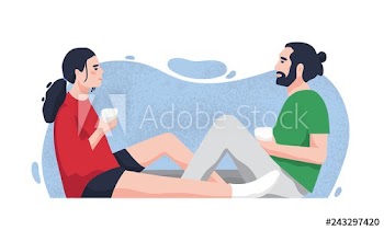Romantic partners sitting on floor and drinking tea or coffee