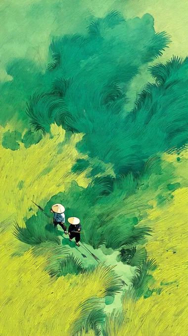 Romantic Scene of Chinese Farmers in a Lush Wheat Field Romantic Scene of Chinese Farmers in a Lush Wheat Field