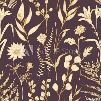 Romantic seamless pattern with blooming garden flowers hand drawn on dark background