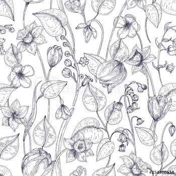 Romantic seamless pattern with blooming spring flowers and leaves hand drawn with contour lines on white background