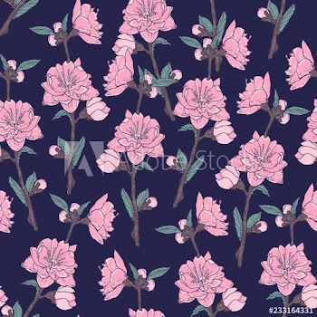 Romantic seamless pattern with gorgeous blooming garden flowers on dark background