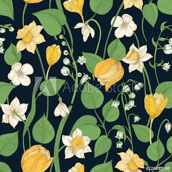 Romantic seamless pattern with tender blooming springtime flowers and leaves on black background