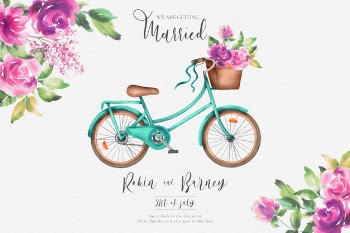 Romantic wedding invitation with watercolor bicycle and flowers Free Vector