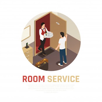 Room service round composition with waiter bringing tray of food to hotel room Free Vector