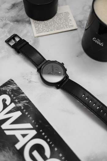 Round Black Analog Watch and B Lack Leather Band