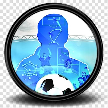 Round black framed soccer player poster, human behavior communication electric blue sphere, Championship Manager 1 transparent background PNG clipart