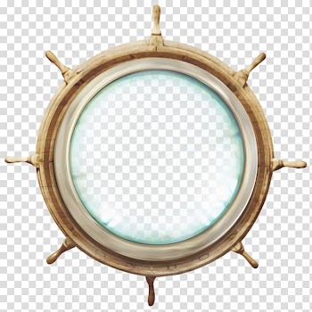 Round brown wooden steering wheel framed mirror, Film frame , Beach elements transparent background PNG clipart