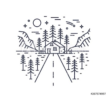 Round composition with highway leading to lodge, house or hut in woodland surrounded by spruce trees and mountains drawn with contour lines