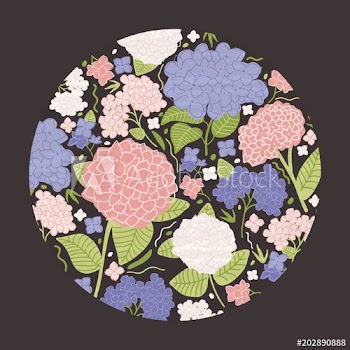 Round decorative design element or modern floral decoration consisted of beautiful blooming garden flowers with leaves or lilac on black background