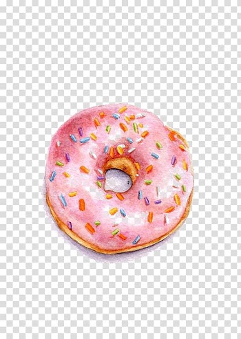 Round doughnut with pink frosting and sprinkles illustration, Doughnut Watercolor painting Illustration, Pink Donut transparent background PNG clipart