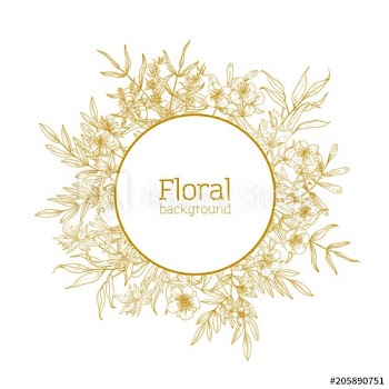 Round floral background, decorative frame or wreath consisted of wild blooming flowers and flowering meadow herbs drawn with contour lines on white background