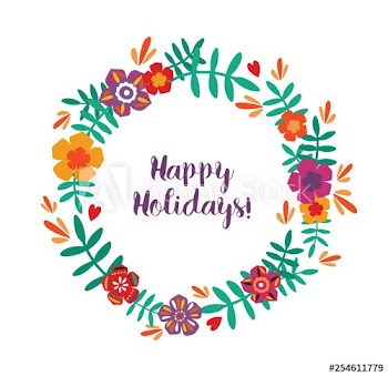 Round frame, garland, wreath or border made of colorful blooming flowers and leaves and Happy Holidays lettering handwritten with cursive font inside