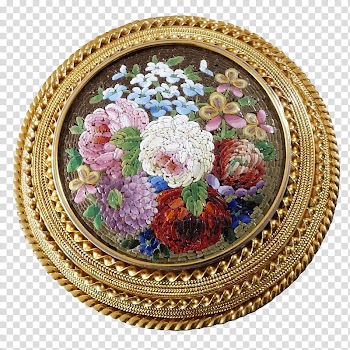 , round gold-colored framed flowers painting transparent background PNG clipart